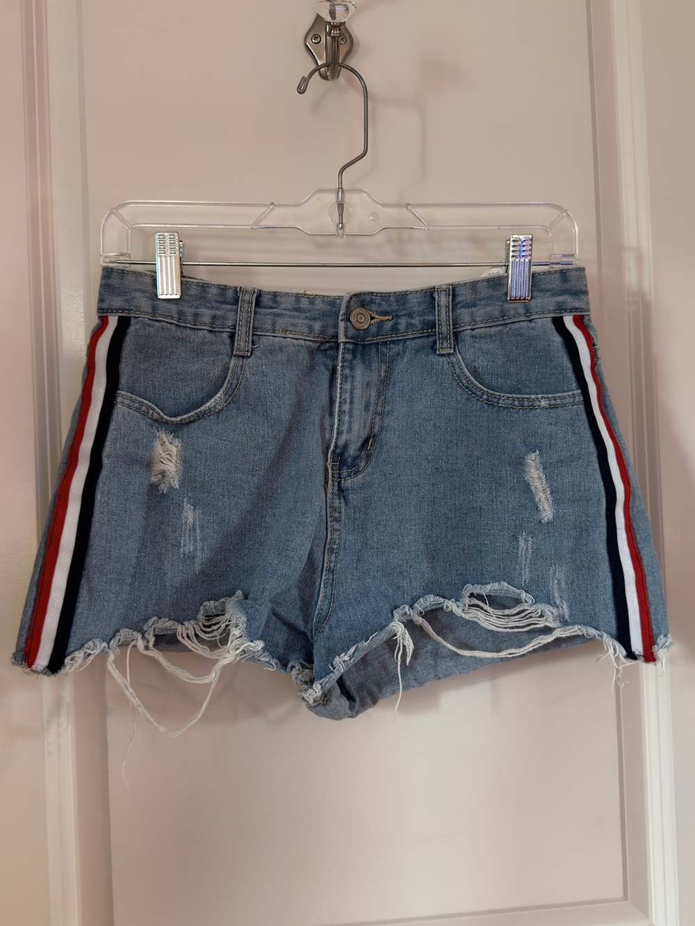 Denim Distressed Side-Stripe Women's Shorts - Light Blue